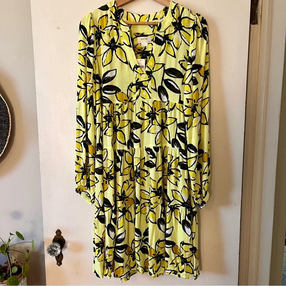 Anthro Maeve Yellow Floral Amber Tiered Tunic Dress, Size M - Picture 5 of 16